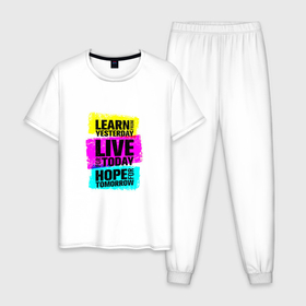 Мужская пижама хлопок с принтом Learn from yesterday. Live for today. Hope for tomorrow. в Белгороде, 100% хлопок | брюки и футболка прямого кроя, без карманов, на брюках мягкая резинка на поясе и по низу штанин
 | blue | inspirational | motivation | pink | quote | text | yellow | вдохновляющий | желтый | мотивация | розовый | синий | текст | цитата
