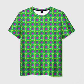Мужская футболка 3D с принтом Фиолетовые кружочки на зеленом фоне в Петрозаводске, 100% полиэфир | прямой крой, круглый вырез горловины, длина до линии бедер | абстрактные | геометрия | классика | классические | нейтральные | спокойные | узор | узоры