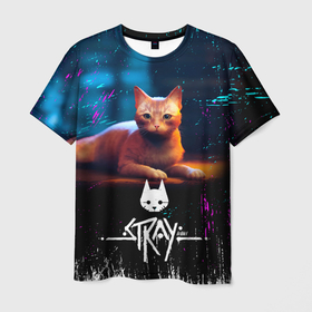 Мужская футболка 3D с принтом Stray Cat   Бродячий Кот , 100% полиэфир | прямой крой, круглый вырез горловины, длина до линии бедер | cat | cyberpunck | neon | robots | videogame | бродячий кот | квест