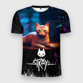 Мужская футболка 3D Slim с принтом Stray Cat   Бродячий Кот , 100% полиэстер с улучшенными характеристиками | приталенный силуэт, круглая горловина, широкие плечи, сужается к линии бедра | cat | cyberpunck | neon | robots | videogame | бродячий кот | квест