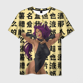 Мужская футболка 3D с принтом Йоруичи Шихоин   БЛИЧ иероглифы в Тюмени, 100% полиэфир | прямой крой, круглый вырез горловины, длина до линии бедер | bleach | senpai | waifu | аниме | блитч | блич | вайфу | ёруити | манга | сенпай
