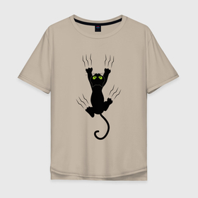 Мужская футболка хлопок Oversize с принтом Сползающий котик в Новосибирске, 100% хлопок | свободный крой, круглый ворот, “спинка” длиннее передней части | Тематика изображения на принте: арт | женский | кот | принт | черный