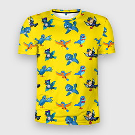 Мужская футболка 3D Slim с принтом Мультяшные птицы в Новосибирске, 100% полиэстер с улучшенными характеристиками | приталенный силуэт, круглая горловина, широкие плечи, сужается к линии бедра | арт | добрые | клювы | крылатые | мультик | полет | птицы | рисунок | синие