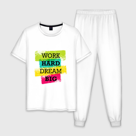 Мужская пижама хлопок с принтом Work hard and dream big в Курске, 100% хлопок | брюки и футболка прямого кроя, без карманов, на брюках мягкая резинка на поясе и по низу штанин
 | dream big | inspiring | motivational | positive | quote | text | work hard | вдохновляющий | мечтать о большем | мотивационный | позитивный | текст | усердно работать | цитата
