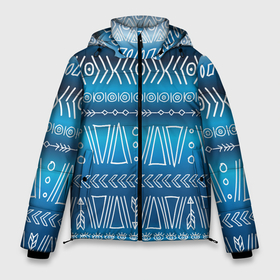 Мужская зимняя куртка 3D с принтом Узор в стиле бохо на синем фоне в Новосибирске, верх — 100% полиэстер; подкладка — 100% полиэстер; утеплитель — 100% полиэстер | длина ниже бедра, свободный силуэт Оверсайз. Есть воротник-стойка, отстегивающийся капюшон и ветрозащитная планка. 

Боковые карманы с листочкой на кнопках и внутренний карман на молнии. | Тематика изображения на принте: bohemian chic | boho | boho chic | богемный стиль | бохо | геометрический узор