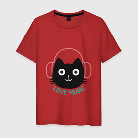 Мужская футболка хлопок с принтом Cat   Love Music в Кировске, 100% хлопок | прямой крой, круглый вырез горловины, длина до линии бедер, слегка спущенное плечо. | Тематика изображения на принте: 