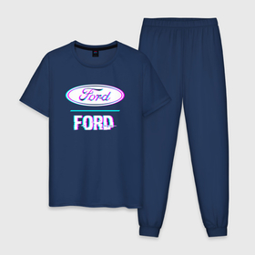 Мужская пижама хлопок с принтом Значок Ford в стиле Glitch , 100% хлопок | брюки и футболка прямого кроя, без карманов, на брюках мягкая резинка на поясе и по низу штанин
 | 