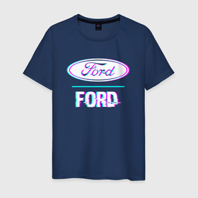 Мужская футболка хлопок с принтом Значок Ford в стиле Glitch в Кировске, 100% хлопок | прямой крой, круглый вырез горловины, длина до линии бедер, слегка спущенное плечо. | 