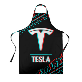 Фартук 3D с принтом Значок Tesla в стиле Glitch на темном фоне в Тюмени, 100% полиэстер | общий размер — 65 х 85 см, ширина нагрудника — 26 см, горловина — 53 см, длина завязок — 54 см, общий обхват в поясе — 173 см. Принт на завязках и на горловине наносится с двух сторон, на основной части фартука — только с внешней стороны | auto | brand | glitch | logo | paint | symbol | tesla | авто | бренд | брызги | глитч | значок | краска | лого | символ | тесла