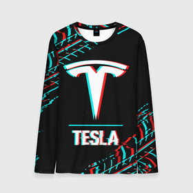 Мужской лонгслив 3D с принтом Значок Tesla в стиле Glitch на темном фоне в Тюмени, 100% полиэстер | длинные рукава, круглый вырез горловины, полуприлегающий силуэт | auto | brand | glitch | logo | paint | symbol | tesla | авто | бренд | брызги | глитч | значок | краска | лого | символ | тесла