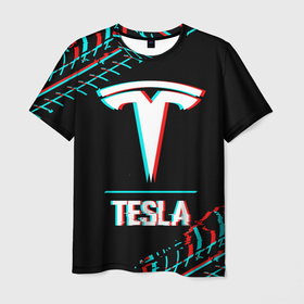 Мужская футболка 3D с принтом Значок Tesla в стиле Glitch на темном фоне в Тюмени, 100% полиэфир | прямой крой, круглый вырез горловины, длина до линии бедер | auto | brand | glitch | logo | paint | symbol | tesla | авто | бренд | брызги | глитч | значок | краска | лого | символ | тесла
