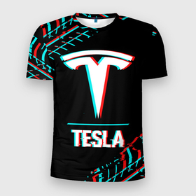 Мужская футболка 3D Slim с принтом Значок Tesla в стиле Glitch на темном фоне в Тюмени, 100% полиэстер с улучшенными характеристиками | приталенный силуэт, круглая горловина, широкие плечи, сужается к линии бедра | auto | brand | glitch | logo | paint | symbol | tesla | авто | бренд | брызги | глитч | значок | краска | лого | символ | тесла