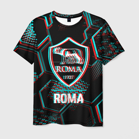 Мужская футболка 3D с принтом Roma FC в стиле Glitch на темном фоне в Санкт-Петербурге, 100% полиэфир | прямой крой, круглый вырез горловины, длина до линии бедер | club | fc | football | glitch | logo | roma | глитч | клуб | лого | мяч | рома | символ | соты | спорт | футбол | футболист | футболисты | футбольный