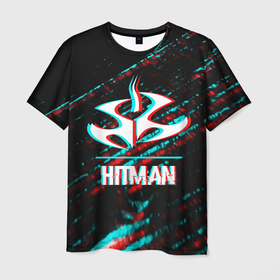 Мужская футболка 3D с принтом Hitman в стиле Glitch и Баги Графики на темном фоне в Кировске, 100% полиэфир | прямой крой, круглый вырез горловины, длина до линии бедер | glitch | hitman | logo | баги | глитч | игра | игры | лого | логотип | символ | хитман