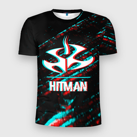 Мужская футболка 3D Slim с принтом Hitman в стиле Glitch и Баги Графики на темном фоне в Новосибирске, 100% полиэстер с улучшенными характеристиками | приталенный силуэт, круглая горловина, широкие плечи, сужается к линии бедра | glitch | hitman | logo | баги | глитч | игра | игры | лого | логотип | символ | хитман