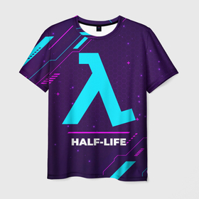 Мужская футболка 3D с принтом Символ Half Life в неоновых цветах на темном фоне в Кировске, 100% полиэфир | прямой крой, круглый вырез горловины, длина до линии бедер | half life | halflife | logo | neon | игра | игры | краска | краски | лого | логотип | неон | символ | халф лайф