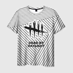 Мужская футболка 3D с принтом Символ Dead by Daylight на светлом фоне с полосами в Петрозаводске, 100% полиэфир | прямой крой, круглый вырез горловины, длина до линии бедер | Тематика изображения на принте: dead by daylight | logo | дед бай дэйлайт | игра | игры | лого | логотип | полосы | символ | соты
