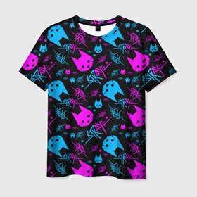 Мужская футболка 3D с принтом Stray   neon pattern , 100% полиэфир | прямой крой, круглый вырез горловины, длина до линии бедер | cat | cyberpunk | бездомный | бродячий | киберпанк | кот | кошка | стрей | стрэй
