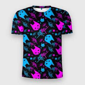 Мужская футболка 3D Slim с принтом Stray   neon pattern в Белгороде, 100% полиэстер с улучшенными характеристиками | приталенный силуэт, круглая горловина, широкие плечи, сужается к линии бедра | Тематика изображения на принте: cat | cyberpunk | бездомный | бродячий | киберпанк | кот | кошка | стрей | стрэй