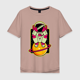 Мужская футболка хлопок Oversize с принтом Задумчивый космонавт в Тюмени, 100% хлопок | свободный крой, круглый ворот, “спинка” длиннее передней части | Тематика изображения на принте: арт | галактика | иллюстрация | планета | сатурнт