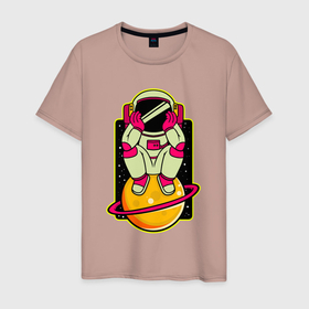Мужская футболка хлопок с принтом Задумчивый космонавт в Новосибирске, 100% хлопок | прямой крой, круглый вырез горловины, длина до линии бедер, слегка спущенное плечо. | арт | галактика | иллюстрация | планета | сатурнт