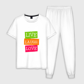 Мужская пижама хлопок с принтом Live laugh love (quote) , 100% хлопок | брюки и футболка прямого кроя, без карманов, на брюках мягкая резинка на поясе и по низу штанин
 | brown | english | green | inspirational | pink | positive | quote | text | английский | вдохновляющие | зеленый | коричневый | любить | позитив | розовый | смеяться | текст | цитата