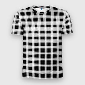 Мужская футболка 3D Slim с принтом Black and white tartan check в Новосибирске, 100% полиэстер с улучшенными характеристиками | приталенный силуэт, круглая горловина, широкие плечи, сужается к линии бедра | Тематика изображения на принте: black and white | tartan | клетка | клетчатый узор | узор в клетку | черно белый | шотландка