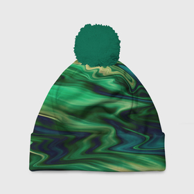 Шапка 3D c помпоном с принтом Абстрактный узор в зеленых тонах в Тюмени, 100% полиэстер | универсальный размер, печать по всей поверхности изделия | Тематика изображения на принте: абстрактный узор | зеленый | оттенки зеленого | разводы | размытый узор | текстура краски