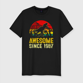 Мужская футболка хлопок Slim с принтом Потрясающий динозавр с 1987 года в Новосибирске, 92% хлопок, 8% лайкра | приталенный силуэт, круглый вырез ворота, длина до линии бедра, короткий рукав | 1987 | 87 | dino | dinosaur | tyrannosaurus | tyrex | архозавр | год | год рождения | день рождения | дино | динозавр | динозавры | ко дню рождения | на день рождения | прямиком из | родился в | сделан в | тираннозавр