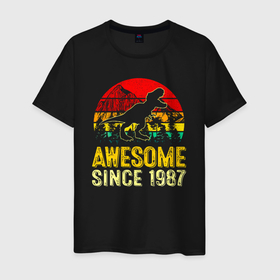 Мужская футболка хлопок с принтом Потрясающий динозавр с 1987 года в Екатеринбурге, 100% хлопок | прямой крой, круглый вырез горловины, длина до линии бедер, слегка спущенное плечо. | Тематика изображения на принте: 1987 | 87 | dino | dinosaur | tyrannosaurus | tyrex | архозавр | год | год рождения | день рождения | дино | динозавр | динозавры | ко дню рождения | на день рождения | прямиком из | родился в | сделан в | тираннозавр
