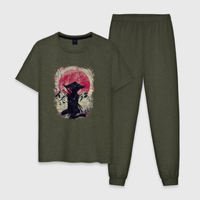 Мужская пижама хлопок с принтом Девочка самурай под сакурой в Тюмени, 100% хлопок | брюки и футболка прямого кроя, без карманов, на брюках мягкая резинка на поясе и по низу штанин
 | 