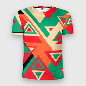 Мужская футболка 3D Slim с принтом Треугольный хаос в Тюмени, 100% полиэстер с улучшенными характеристиками | приталенный силуэт, круглая горловина, широкие плечи, сужается к линии бедра | абстракция | геометрия | динамика | линии | треугольники | углы