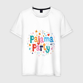 Мужская футболка хлопок с принтом Pajama party в Курске, 100% хлопок | прямой крой, круглый вырез горловины, длина до линии бедер, слегка спущенное плечо. | pajama party | phrase | quote | text | пижамная вечеринка | текст | фраза | цитата