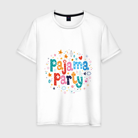 Мужская футболка хлопок с принтом Pajama party в Рязани, 100% хлопок | прямой крой, круглый вырез горловины, длина до линии бедер, слегка спущенное плечо. | pajama party | phrase | quote | text | пижамная вечеринка | текст | фраза | цитата