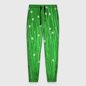 Мужские брюки 3D с принтом Трава с белыми цветочками в Петрозаводске, 100% полиэстер | манжеты по низу, эластичный пояс регулируется шнурком, по бокам два кармана без застежек, внутренняя часть кармана из мелкой сетки | зеленый | паттерн | природа | цветы