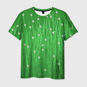 Мужская футболка 3D с принтом Трава с белыми цветочками в Кировске, 100% полиэфир | прямой крой, круглый вырез горловины, длина до линии бедер | зеленый | паттерн | природа | цветы