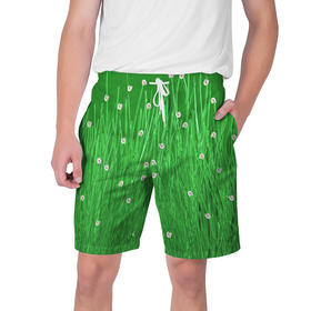 Мужские шорты 3D с принтом Трава с белыми цветочками в Екатеринбурге,  полиэстер 100% | прямой крой, два кармана без застежек по бокам. Мягкая трикотажная резинка на поясе, внутри которой широкие завязки. Длина чуть выше колен | зеленый | паттерн | природа | цветы
