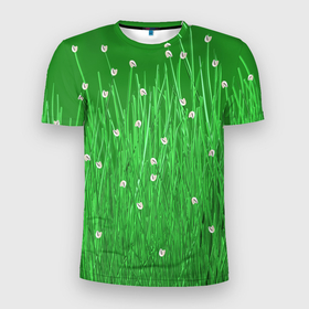 Мужская футболка 3D Slim с принтом Трава с белыми цветочками в Петрозаводске, 100% полиэстер с улучшенными характеристиками | приталенный силуэт, круглая горловина, широкие плечи, сужается к линии бедра | зеленый | паттерн | природа | цветы