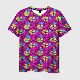 Мужская футболка 3D с принтом Цветочный узор на малиновом фоне в Тюмени, 100% полиэфир | прямой крой, круглый вырез горловины, длина до линии бедер | floral pattern | flowers | neon | желтые цветы | малиновый | цветочный узор | цветы | яркий узор
