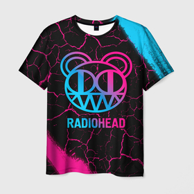 Мужская футболка 3D с принтом Radiohead   neon gradient , 100% полиэфир | прямой крой, круглый вырез горловины, длина до линии бедер | 