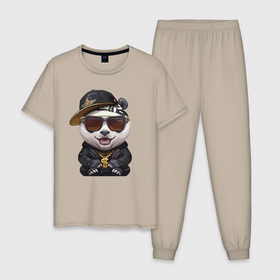 Мужская пижама хлопок с принтом Крутой панда в тёмных очках в Белгороде, 100% хлопок | брюки и футболка прямого кроя, без карманов, на брюках мягкая резинка на поясе и по низу штанин
 | Тематика изображения на принте: baseball cap | claws | ear | fangs | jaw | muzzle | panda | paws | tongue | бейсболка | клыки | когти | лапы | очки | панда | пасть | ухо | язык