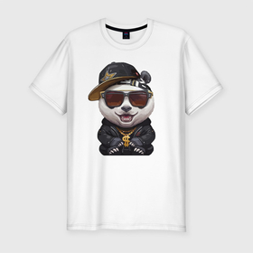 Мужская футболка хлопок Slim с принтом Крутой панда в тёмных очках в Екатеринбурге, 92% хлопок, 8% лайкра | приталенный силуэт, круглый вырез ворота, длина до линии бедра, короткий рукав | baseball cap | claws | ear | fangs | jaw | muzzle | panda | paws | tongue | бейсболка | клыки | когти | лапы | очки | панда | пасть | ухо | язык