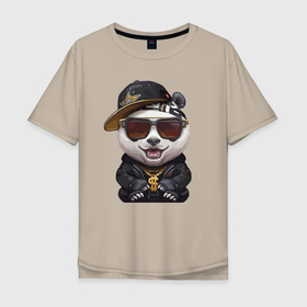 Мужская футболка хлопок Oversize с принтом Крутой панда в тёмных очках в Петрозаводске, 100% хлопок | свободный крой, круглый ворот, “спинка” длиннее передней части | Тематика изображения на принте: baseball cap | claws | ear | fangs | jaw | muzzle | panda | paws | tongue | бейсболка | клыки | когти | лапы | очки | панда | пасть | ухо | язык