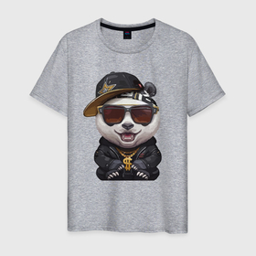 Мужская футболка хлопок с принтом Крутой панда в тёмных очках в Новосибирске, 100% хлопок | прямой крой, круглый вырез горловины, длина до линии бедер, слегка спущенное плечо. | Тематика изображения на принте: baseball cap | claws | ear | fangs | jaw | muzzle | panda | paws | tongue | бейсболка | клыки | когти | лапы | очки | панда | пасть | ухо | язык
