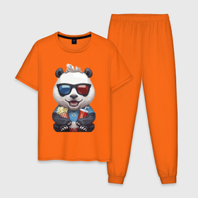 Мужская пижама хлопок с принтом Прикольный панда с попкорном и колой в Новосибирске, 100% хлопок | брюки и футболка прямого кроя, без карманов, на брюках мягкая резинка на поясе и по низу штанин
 | Тематика изображения на принте: bear | claws | cola | ears | fangs | forelock | jaw | muzzle | nose | panda | paws | popcorn | tongue | клыки | когти | кола | лапы | медведь | нос | очки | панда | пасть | попкорн | уши | чёлка | язык