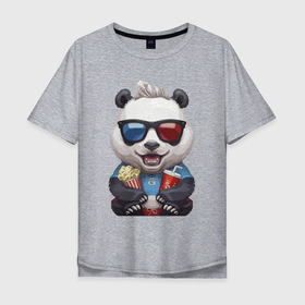 Мужская футболка хлопок Oversize с принтом Прикольный панда с попкорном и колой в Петрозаводске, 100% хлопок | свободный крой, круглый ворот, “спинка” длиннее передней части | bear | claws | cola | ears | fangs | forelock | jaw | muzzle | nose | panda | paws | popcorn | tongue | клыки | когти | кола | лапы | медведь | нос | очки | панда | пасть | попкорн | уши | чёлка | язык