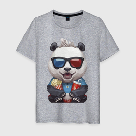 Мужская футболка хлопок с принтом Прикольный панда с попкорном и колой в Екатеринбурге, 100% хлопок | прямой крой, круглый вырез горловины, длина до линии бедер, слегка спущенное плечо. | bear | claws | cola | ears | fangs | forelock | jaw | muzzle | nose | panda | paws | popcorn | tongue | клыки | когти | кола | лапы | медведь | нос | очки | панда | пасть | попкорн | уши | чёлка | язык