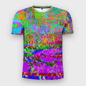 Мужская футболка 3D Slim с принтом Пиксельный глитч арт паттерн в Екатеринбурге, 100% полиэстер с улучшенными характеристиками | приталенный силуэт, круглая горловина, широкие плечи, сужается к линии бедра | abstraction | art | glitch | neon | pattern | pixel | абстракция | арт | глитч | неон | паттерн | пиксель