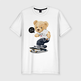 Мужская футболка хлопок Slim с принтом Кульный мишутка   скейтер в Курске, 92% хлопок, 8% лайкра | приталенный силуэт, круглый вырез ворота, длина до линии бедра, короткий рукав | bear | eyes | muzzle | nose | paws | skateboard | skater | sneakers | глаза | кроссовки | лапы | медведь | нос | скейтборд | скейтер