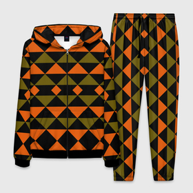 Мужской костюм 3D с принтом Геометрический узор черно оранжевые фигуры в Кировске, 100% полиэстер | Манжеты и пояс оформлены тканевой резинкой, двухслойный капюшон со шнурком для регулировки, карманы спереди | геометрические фигуры | геометрический узор | оливковый | оранжевый | рыжий | треугольники